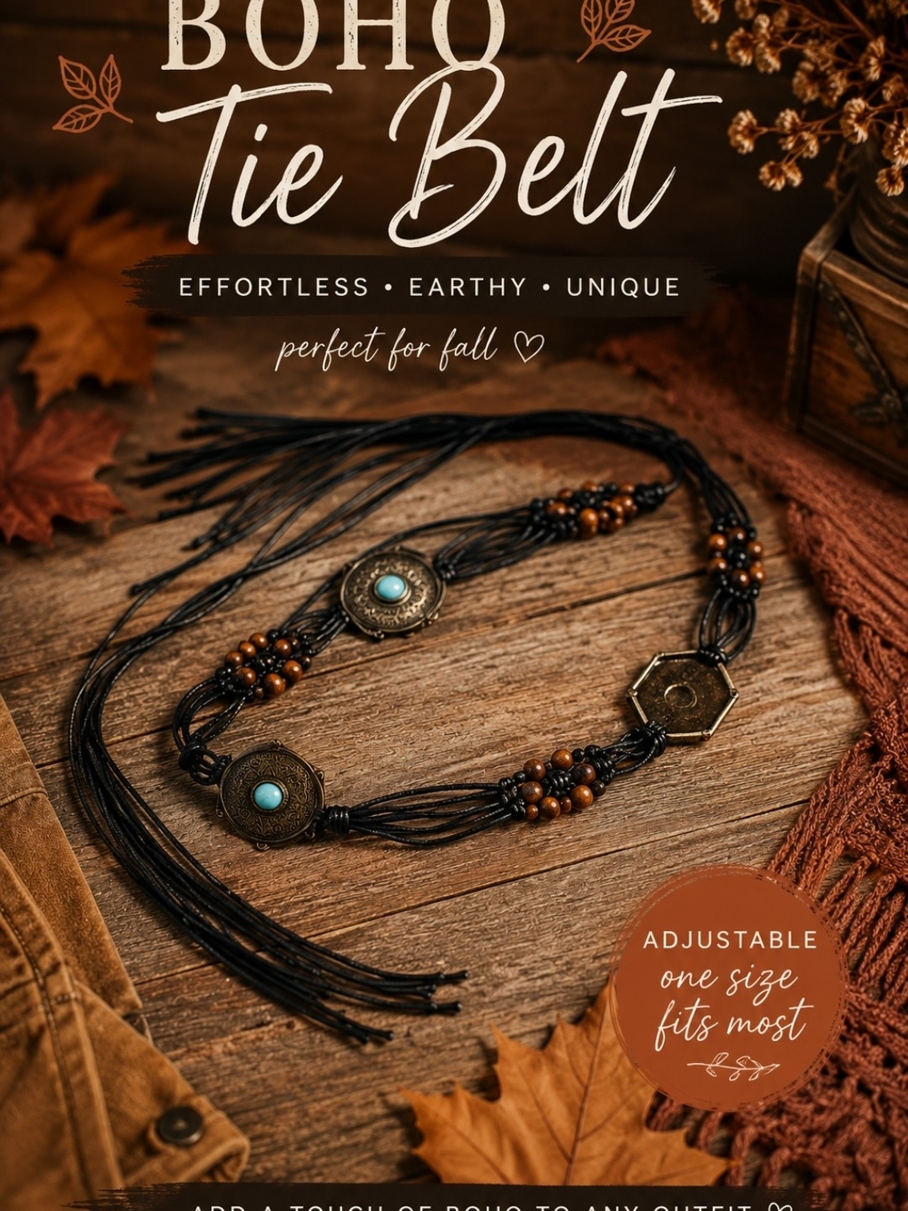 Boho Tie Belt Necklace – Turquoise & Brown Adjustable Women’s Jewelry